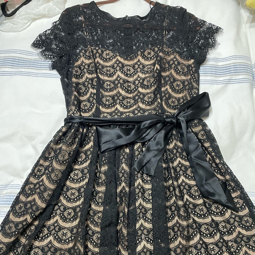 Morgan McFeeters black lace dress with tan lining, US size 14.